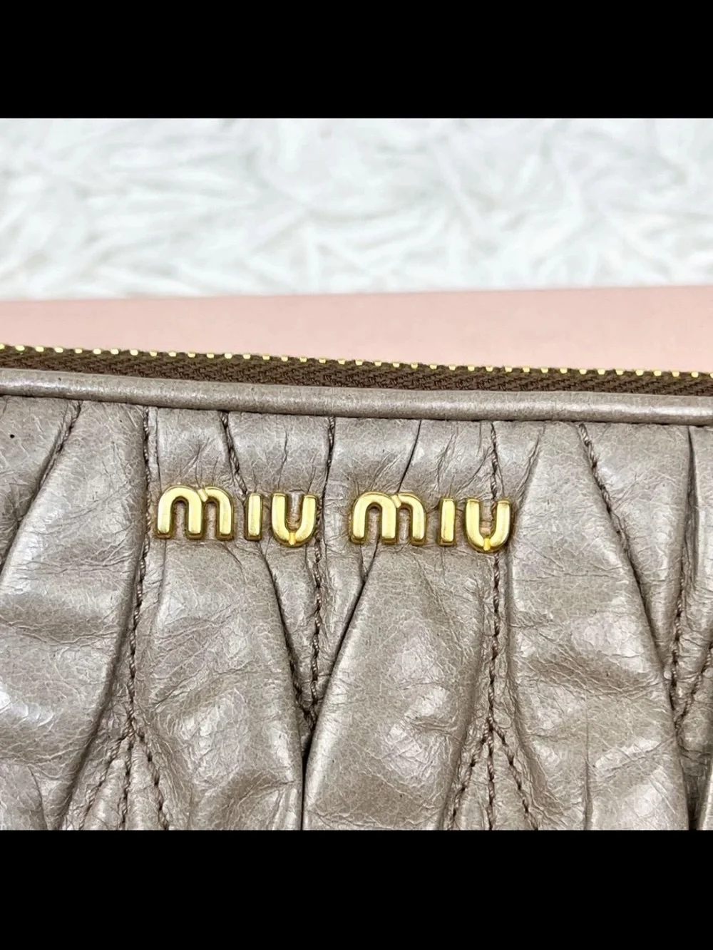 Miu Miu Metallic Taupe Matelassé Zip Wallet with Gold Logo
